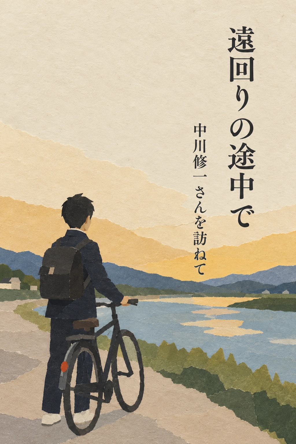 装画サンプル『遠回りの途中で』。川辺に自転車とともに立つ人物を描いた表紙。