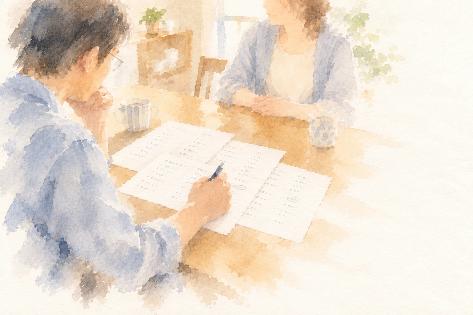 食卓に転職の条件を書いた紙を広げ、妻と話す中川さん。本文見本の場面を描いた水彩イメージ。
