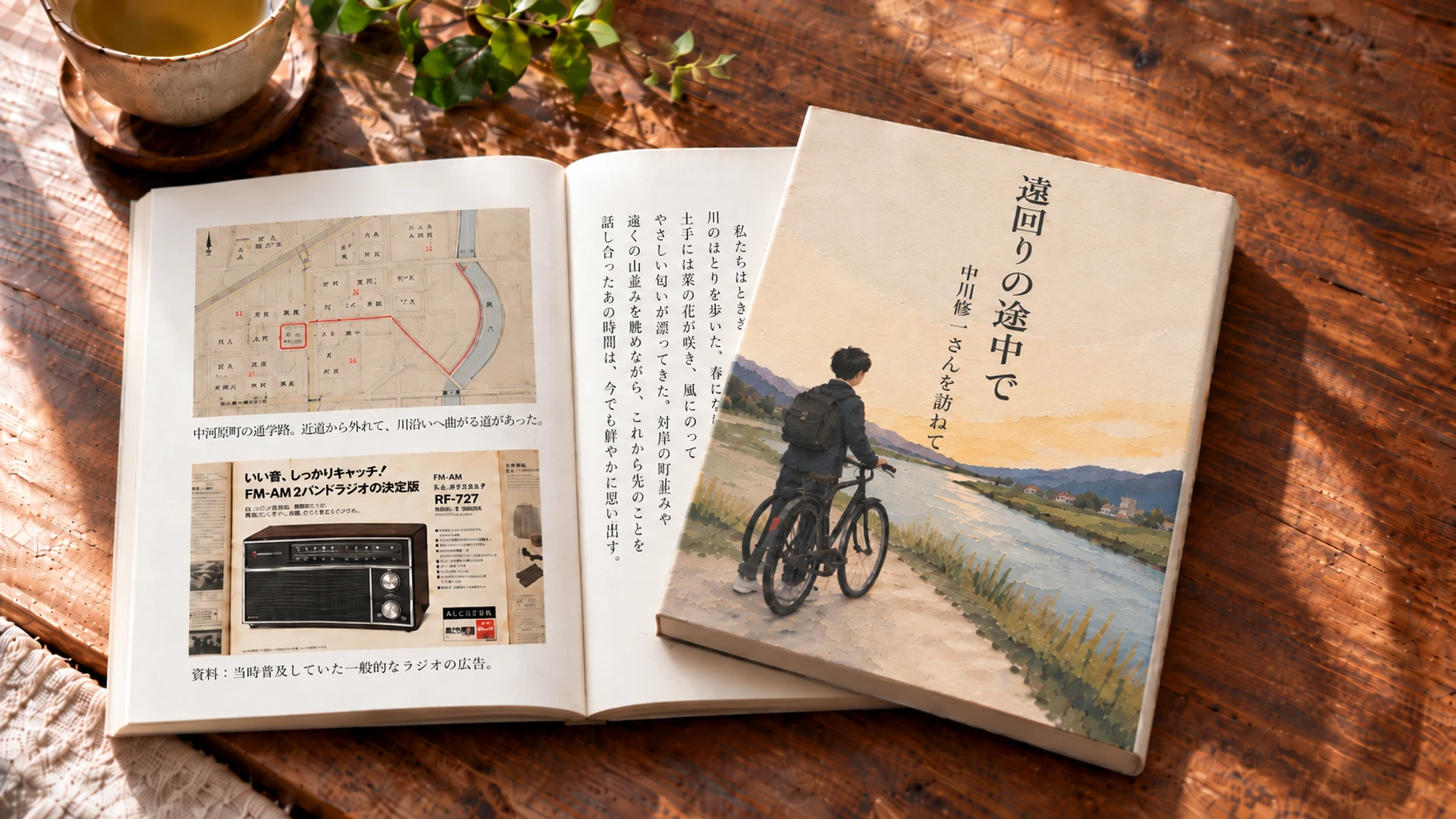 『遠回りの途中で』の表紙と、地図や資料を掲載した見開きの参考イメージ